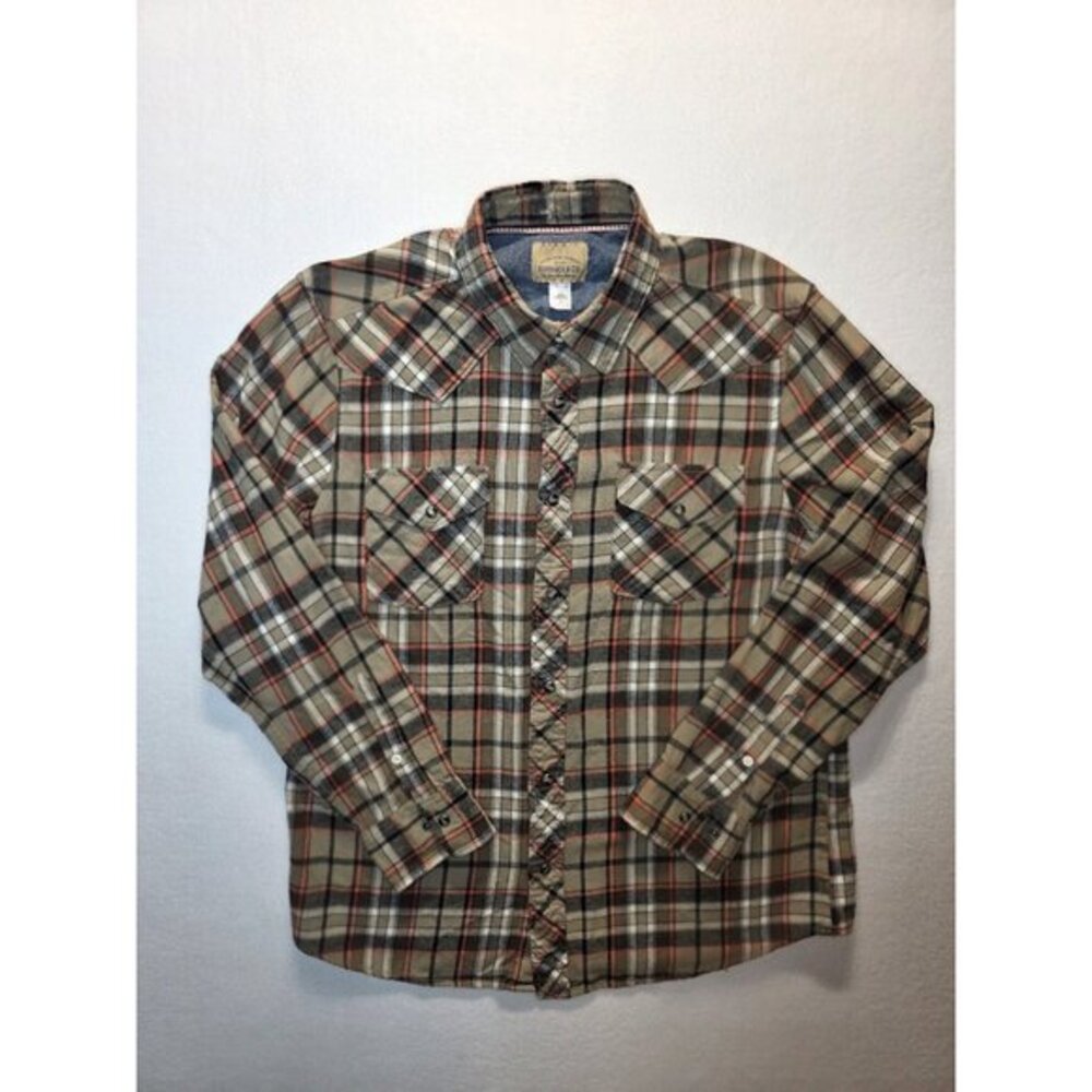 Roebuck & Co. Men's Large Western Flannel‎ Shirt Tan Orange Plaid Pearl Snaps